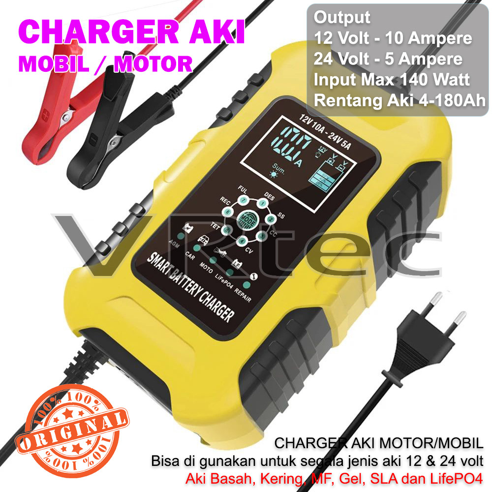 Foxsur Charger Aki 12V-10A & 24V-5A 180Ah LiFePO4 Smart Otomatis LCD Display