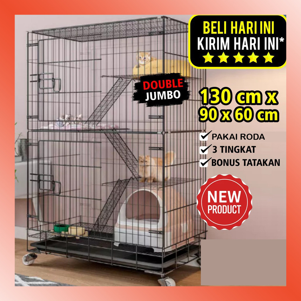 LAMMORO > FH58 Kandang Kucing 90 CM Tingkat 3 Susun Lipat Anjing Kelinci JUMBO XXL TGAL