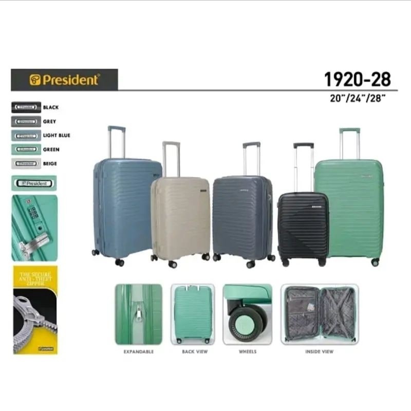 Koper 20 Inch, 24 Inch, 28 Inch Roda 4 Rotasi 360 Bahan Anti Pecah - Original - President 1920