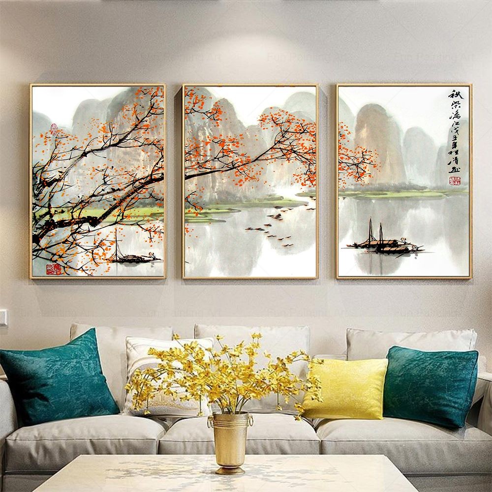 

Asian Decor Poster Japanese Scenery Art Ink Painting Floral Boat Bird Canvas Posters on The Wall for Living Room Home Decoration