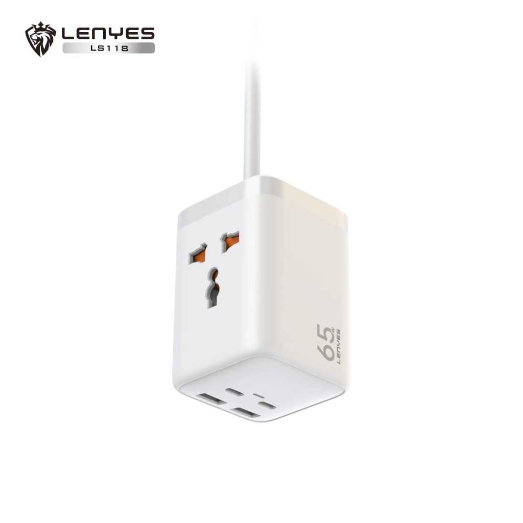 Stop Kontak Adaptor LENYES LS118 65W GaN Power Strip Fast Charging Socket Listrik With 2 USB + 2 Type C Ports