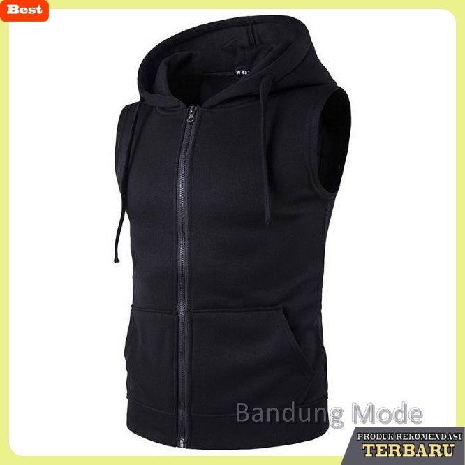 hoodie pria keren Jaket Sweater Hoodie Lengan Buntung - Rompi Vest Zipper Cowok Pria - Hitam, M