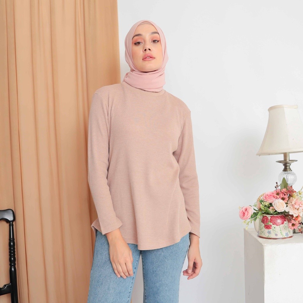 FLASH SALE NEW RILLEY - Kaos Waffle Wanita Madena | Baju Lengan Panjang Polos Waffle Cewek Muslim Pe