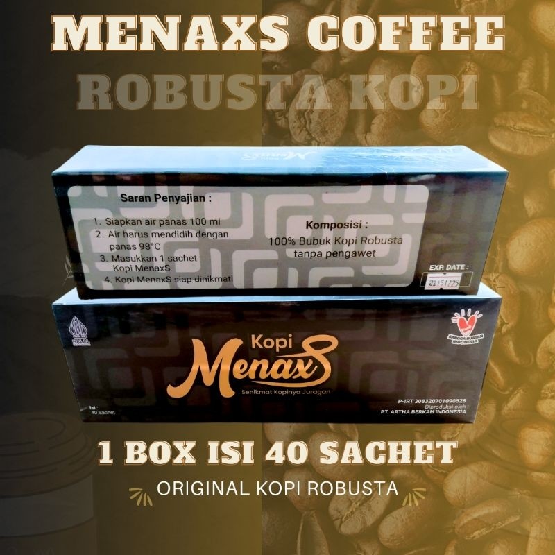 

KOPI ROBUSTA MURNI MENAXS 1 BOX ISI 40 SACHET ORIGINAL KOPI HITAM ROBUSTA
