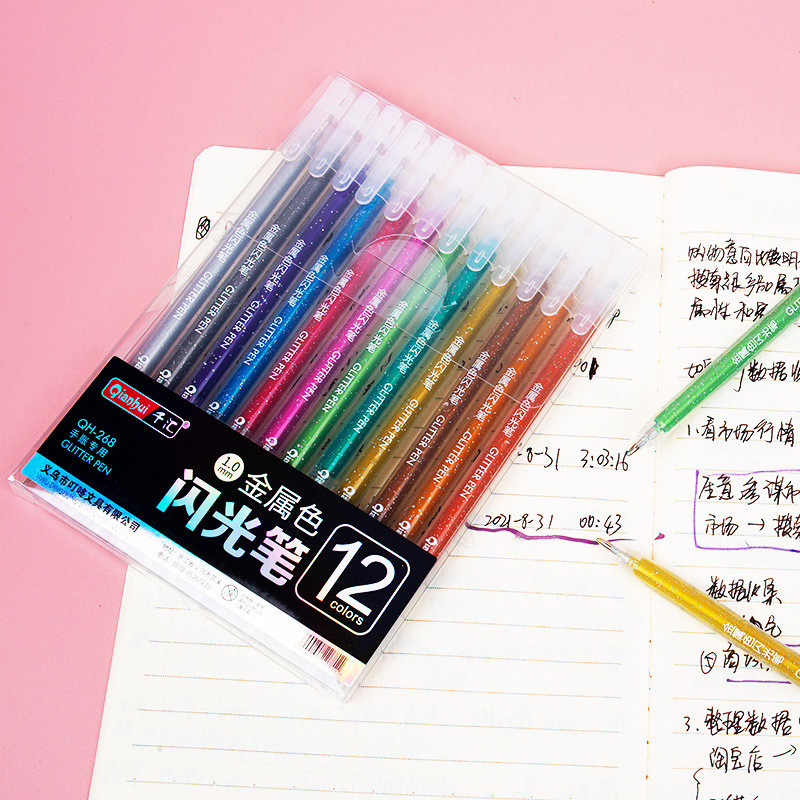 

12 Colors Glitter Gel Pens 1.0MM Color Gel Pen For School Office Coloring Book Journals Drawing Doodling Art Marker Pen
