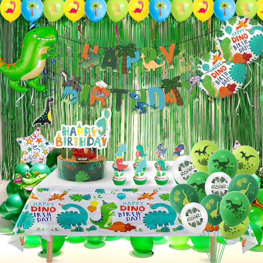 1 Set Dinosaurus Balon Pesta Ulang Tahun Spanduk Bendera untuk Dekorasi Pesta Perlengkapan Nikmat Un