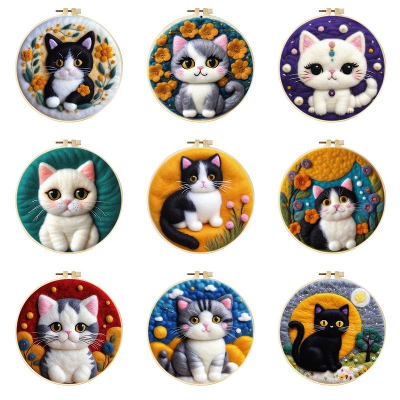 

Cat Pattern DIY Wool Felting Painting with Embroidery Frame Wool Painting Kit DIY Felt Animal Kit Needle Felt for Home Decors
