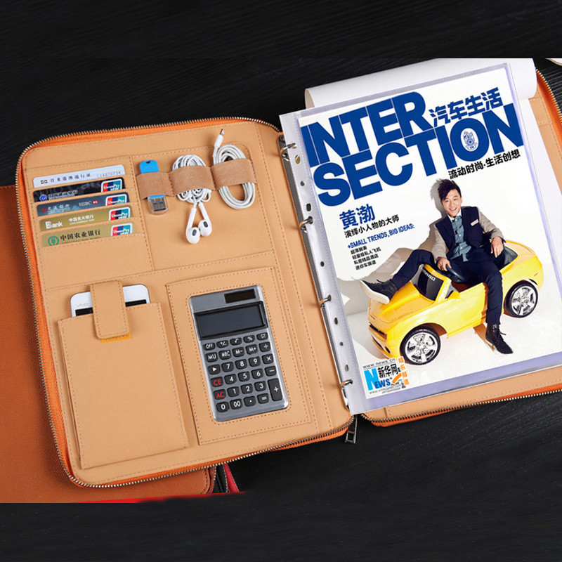 

business leather A4 document zipper bag zipped filing folder organizer briefcase padfolio with ring binder calculator 1217B