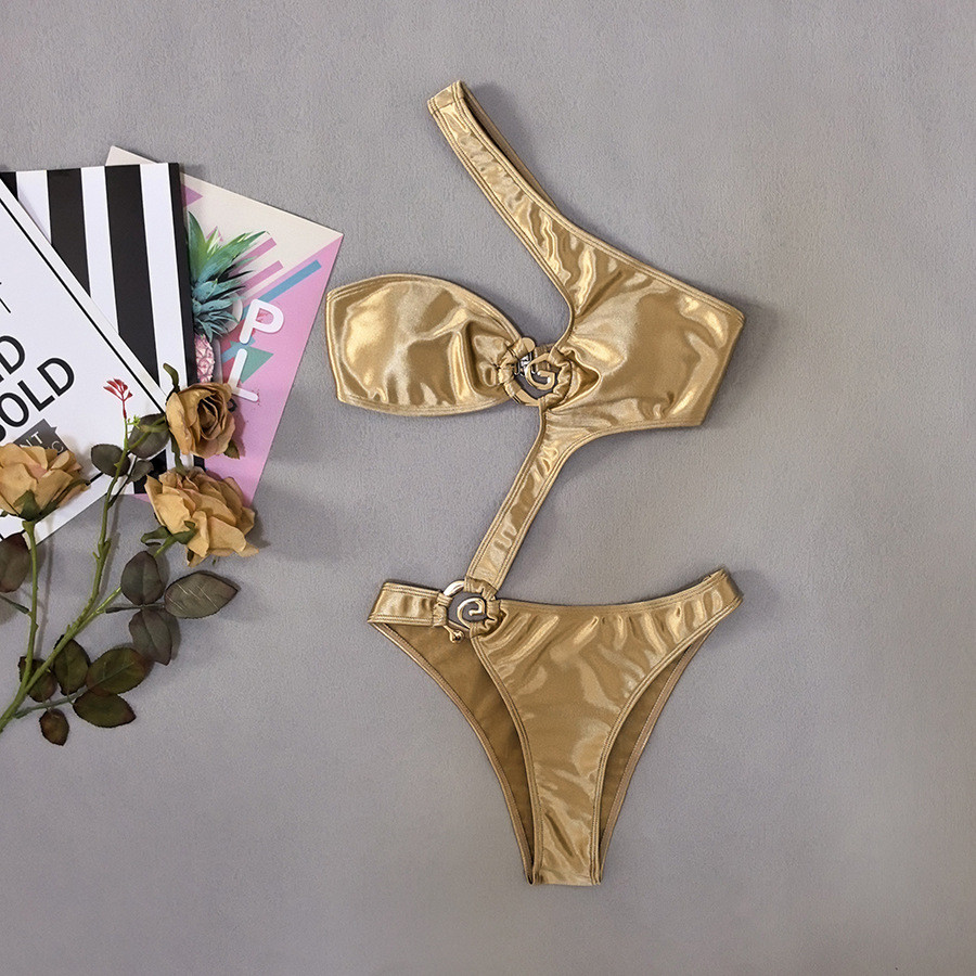 sexy satin gold metal ring swimsuit one piece irregular one shoulder Bikinis Swimwear Swimsuits bea 