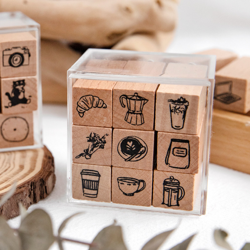 

Journal GO 9pcs/set Cute Cartoon Mini Pattern Wooden Stamps Daily Life Lovely World Calendar Planner Stamp Scrapbooking Journal