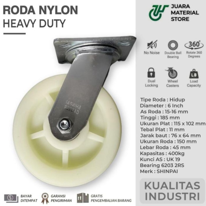 Roda Troli 6 inch 150 mm Nylon High Strength Ball Bearing Plate Storage Gerobak Etalase Meja Lemari 