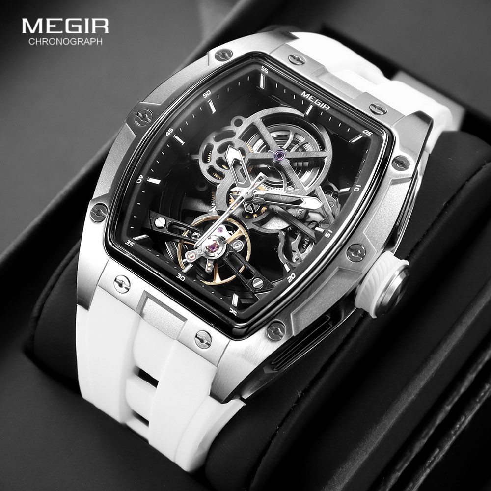 Jam Tangan Pria Merk MEGIR Men's Automatic Mechanical Watch with Stainless Steel Case Silicone Band 