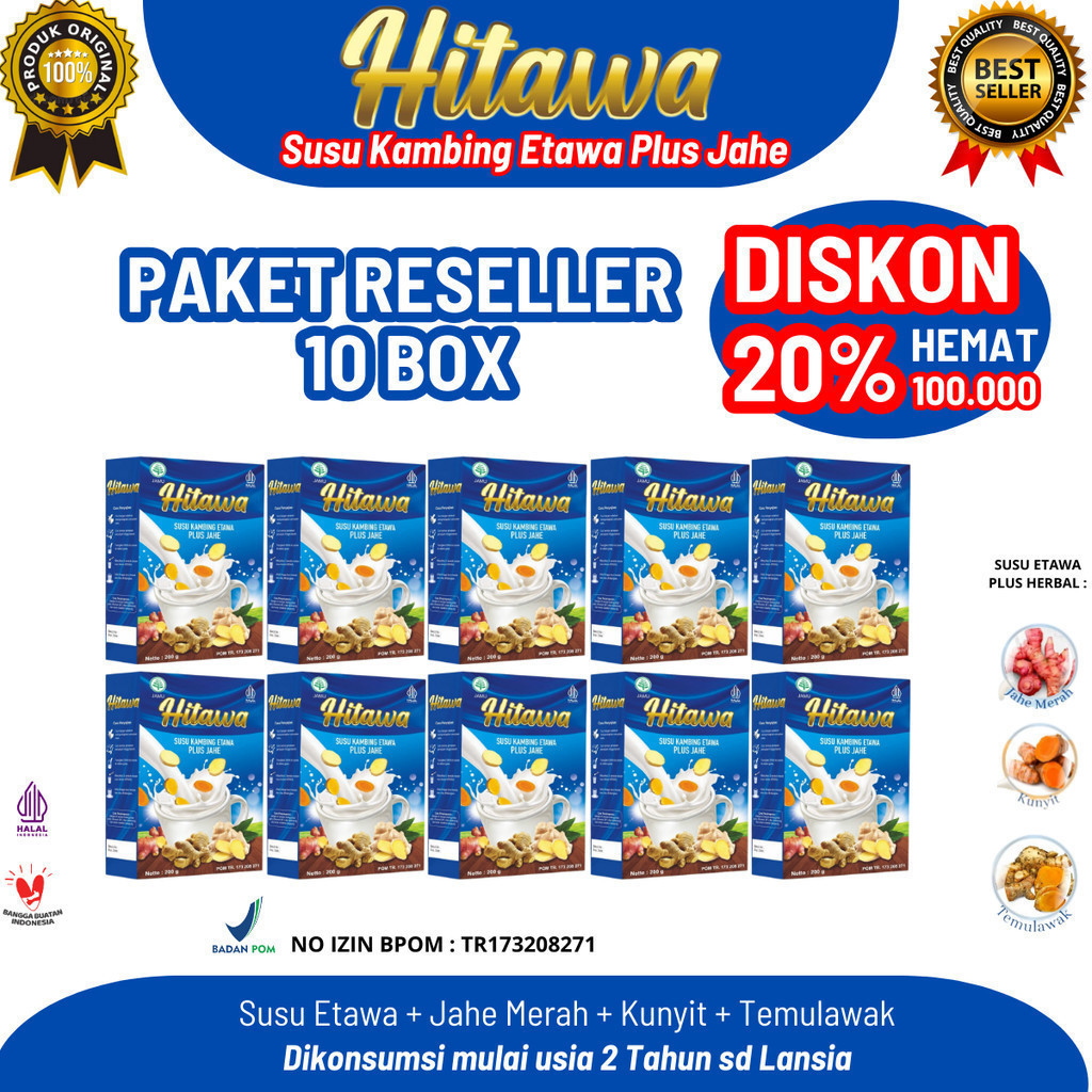 

HITAWA 10 Box Paket Reseller susu etawa Jahe Terapi nyeri sendi dan tulang