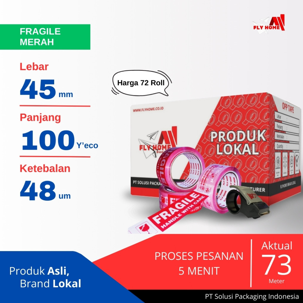 

FLYHOME Fragile unboxing 100yard 1 dus 72 roll 45mm x 100yard lakban segel 100 yard ECO Cargo