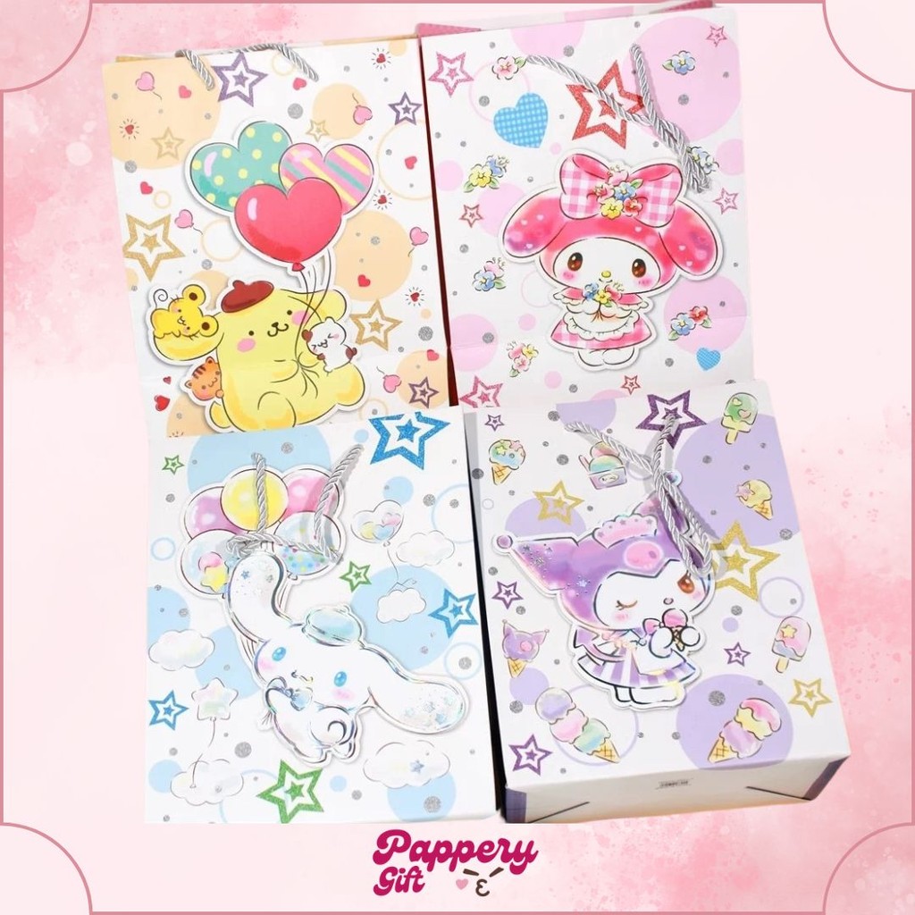 

Paper Bag Gift Cute Hadiah Premium 3d Silver Line Motif Sanrio Kuromi Melody Cinnamonroll - SE0477