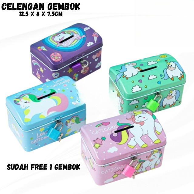 Celengan Kaleng Kunci Saving Box Tempat Penyimpanan Uang Motif Unicorn Celengan Gembok Mini Anak