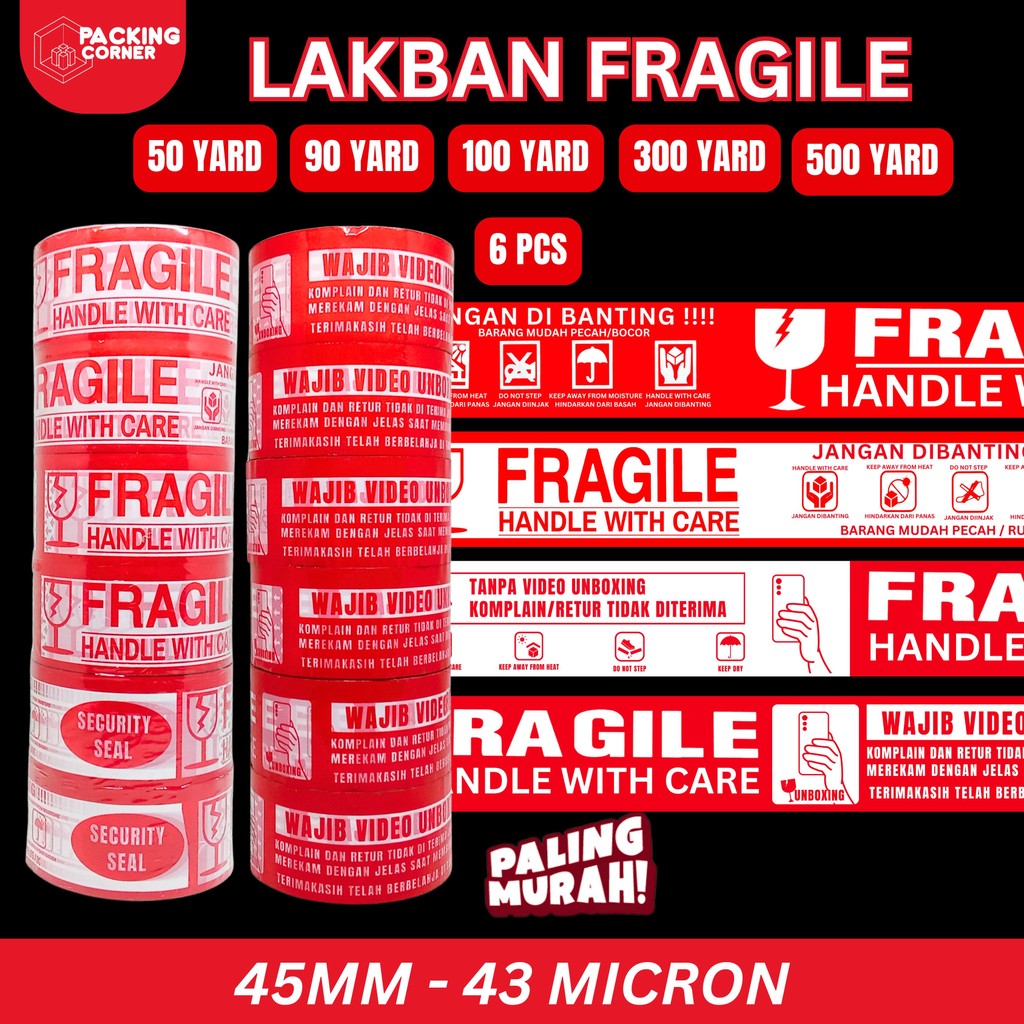 

1 SLOP / 6 PCS Lakban Fragile Merah Putih 4in1 Handle With Care 2 INCH Plakban Packing Jangan Dibanting