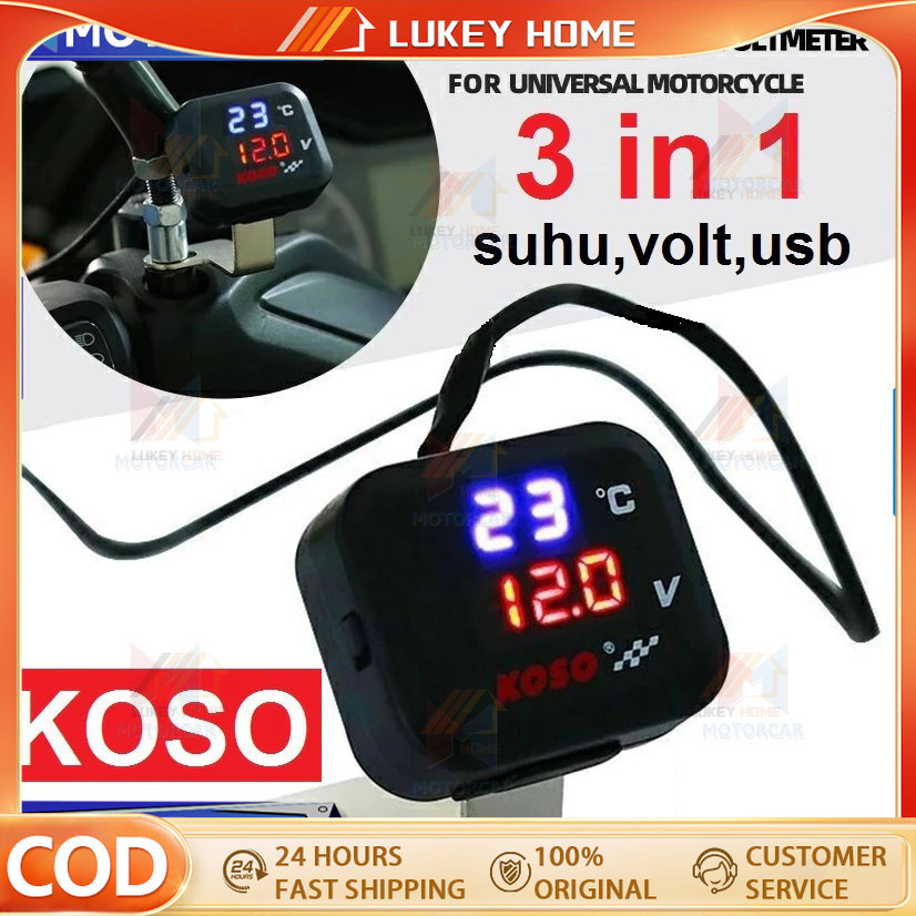Volt Meter Koso 3 in 1/Voltmeter 3 in 1 Koso Usb Anti Air Original/Voltmeter 3in1 Charger USB 2A Bre