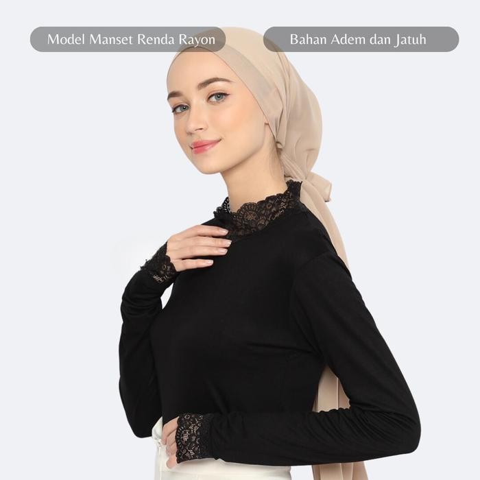 Manset Renda - Rayon Premium Manset Renda Panjang | Atasan Lembut Baju Fit - Hitam, L