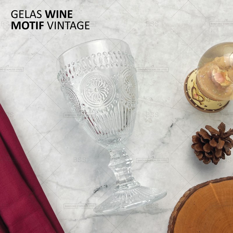 Gelas Wine Motif Vintage 300ml Motif Bunga Matahari Kaca Tebal Unik Cantik Elegan Mewah Gelas