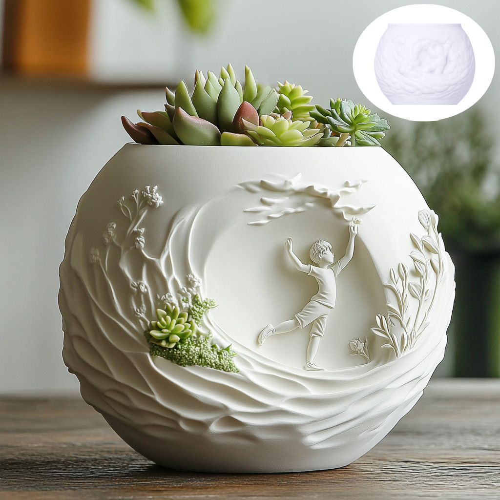 

Dancing boy relief succulent plant flowerpot resin silicone mold surfing boy storage box mold grassland candle cup gypsum molds