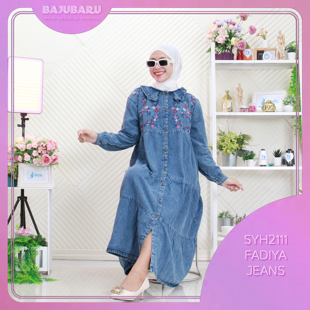 Fadiya Midi Jeans Wash Motif Bordir Full Kancing Umpak Susun