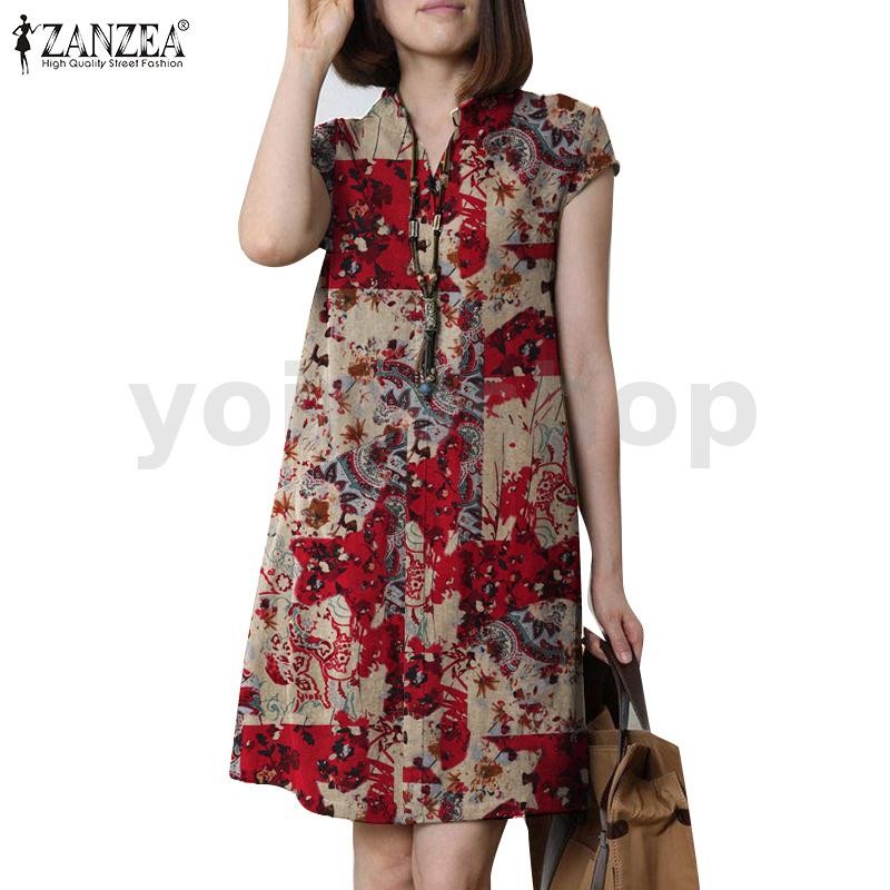 ZANZEA Women Korean Casual Print Short Sleeve Pleated Mini Dress Presale