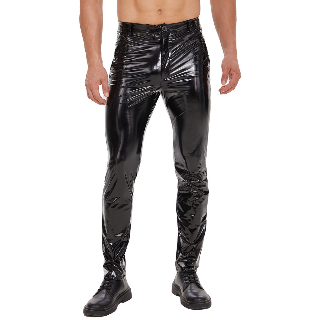 Mens Shiny Leather Straight Pants Sexy Zipper Open Crotch Glossy PVC Leather Casual Trousers Male Sh