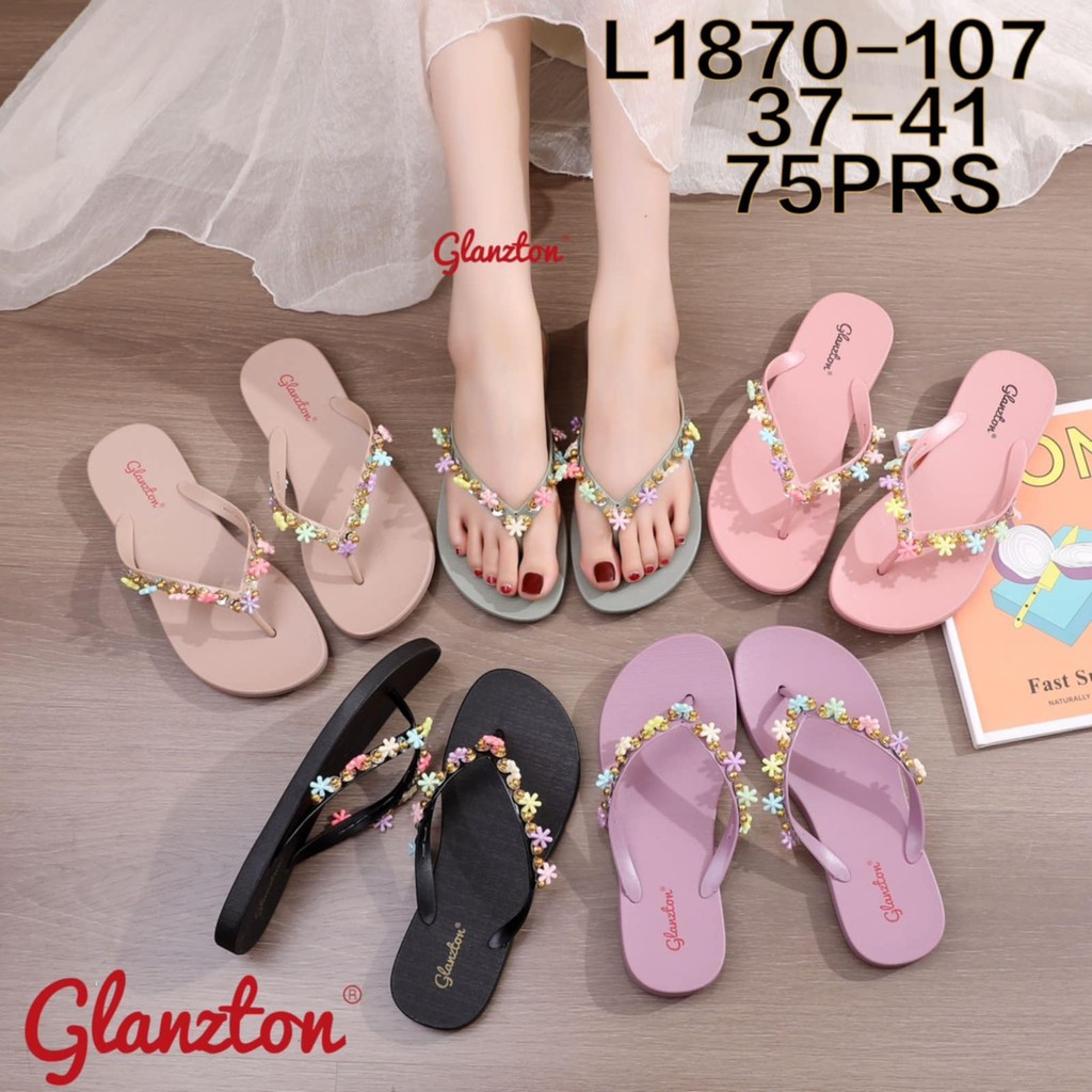 Sandal Jepit Wanita Glanzton Sendal Jelly Karet Cewek Tali Motif Mutiara Bunga 1
