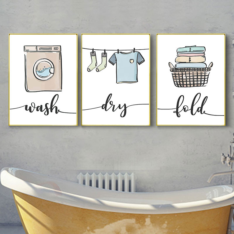 

Modern Cute Laundry Room Art Decorative Poster Prints Wash Dry Fold Repeat Sign Pattern Canvas Picture Simple Home Wall Decor