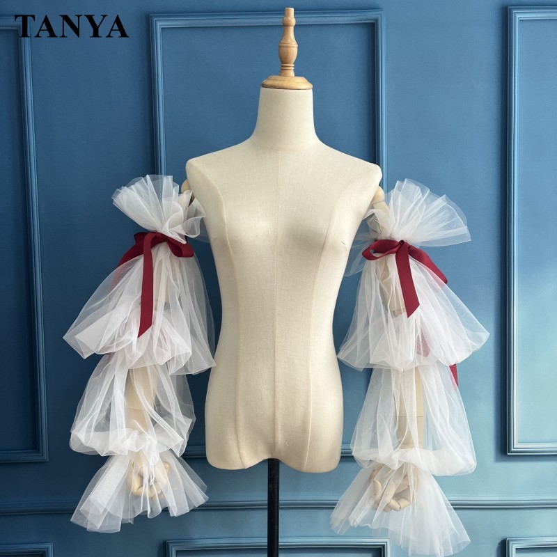 Manset Lengan Panjang Detachable Sleeve Tulle Pita Merah Sepasang
