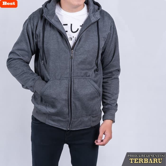 hoodie pria kekinian Hoodie Jaket Resleting Polos Pria Abu Misty Unisex Bahan Mantap - Abu-abu, XL
