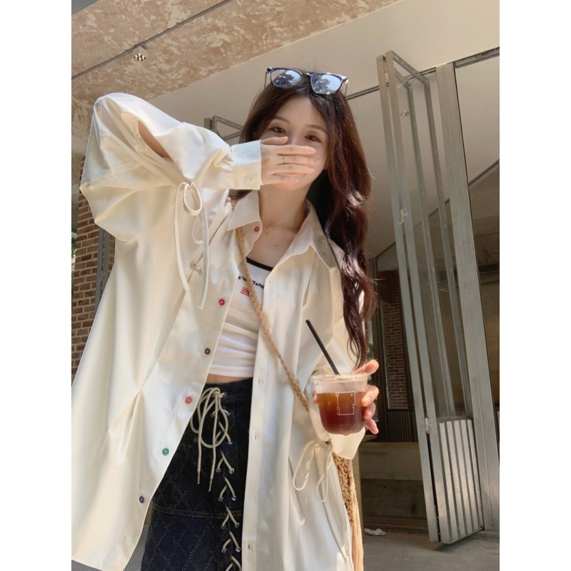 Fit Size Besar Kancing Warna Warni Kemeja Cewek Lengan Panjang Loose