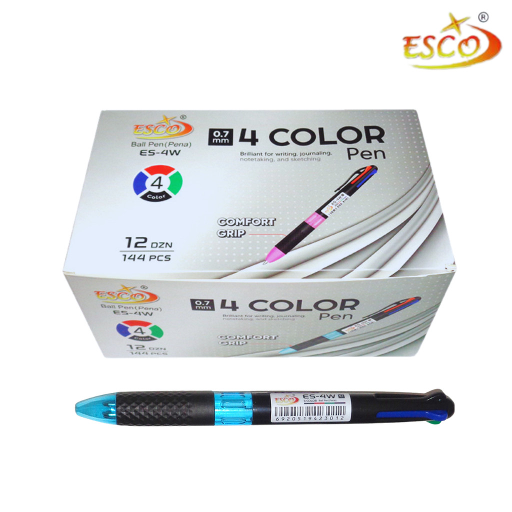 

sg ESCO ES-4W - 12 Pcs/Box - Pulpen 4 Warna 0.7mm - Grip Nyaman, Tinta Halus - Duta Gemilang