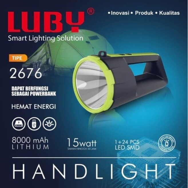 Senter Led Luby 15 Watt Cahaya Putih L 2676 C COB Baterai Cas Ulang Lampu Emergency Powerbank L2676 