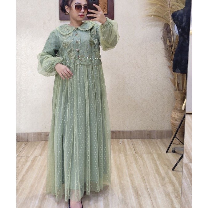 new Gamis Tile  kombinasi Tile dot murah/dress wanita brukat/gamis Brukat wanita terbaru
