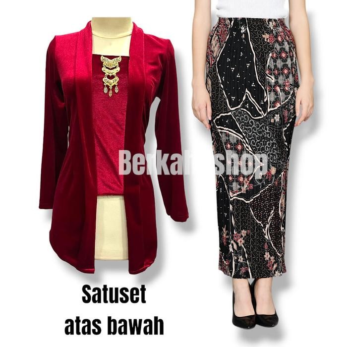 GK SET KEBAYA KUTU BARU BLUDRU MODERN POLOS MURAH ROK PLISKET BATIK kebaya Wisuda - merah, M