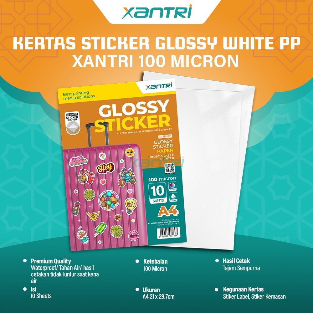 

Xantri - Kertas Stiker Xantri Waterproof PP 100 Micron isi 10 Lembar Glossy Sticker Paper White Anti Air Inkjet A4