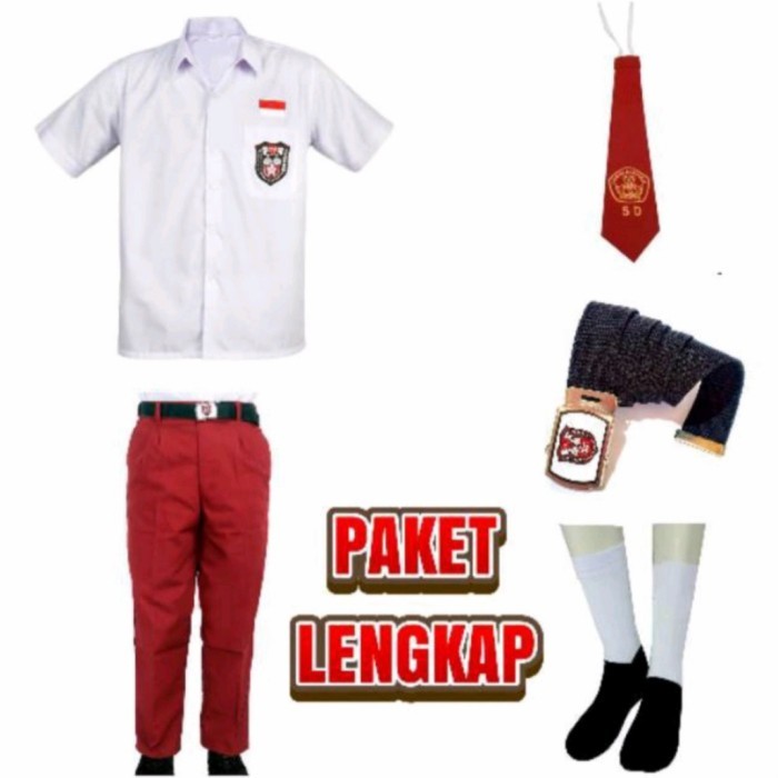 Setelan Seragam Sekolah merah putih SD pendek panjang laki 6-12 tahun - 6 thn
