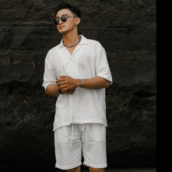 SATU SET CELANA PENDEK & BAJU KEMEJA LINEN OVERSIZED - SAKALA SERIES - Putih, S