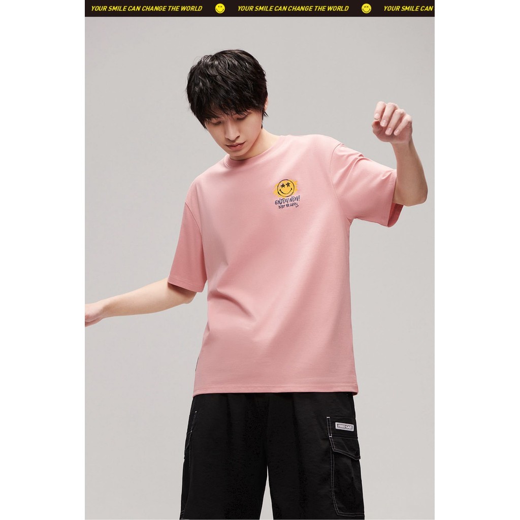 Kartun wajah tersenyum ditekan lem cetak musim panas pria baru katun keren cetak seri SmileyWorld lo