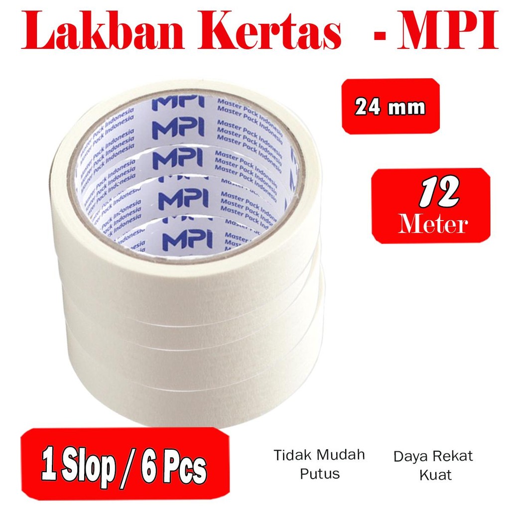 1 Slop / [ 6 Roll ] Lakban Kertas Uk 24 mm x 12 Meter / Mesking Tape - MPI