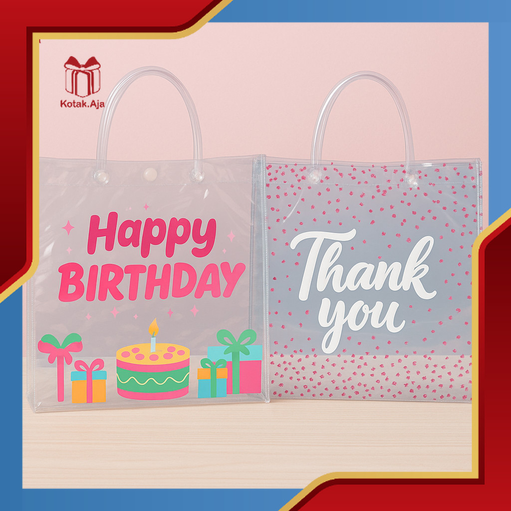 

Tas Mika PVC Ulang Tahun / Tas Goodie bag Ulang Tahun / Tas Souvenir Ulang Tahun / Tas Transparan HBD / Tas Hampers HBD I AC07-AC42