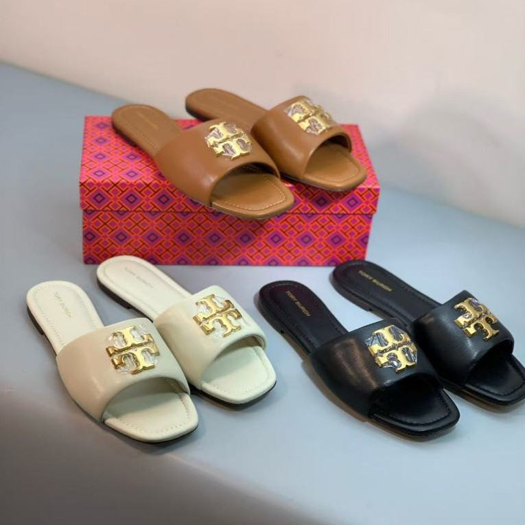 2025 New Model ORI TB Women's Shoes Classic Double T Logo Buckle Soft Leather Slippers