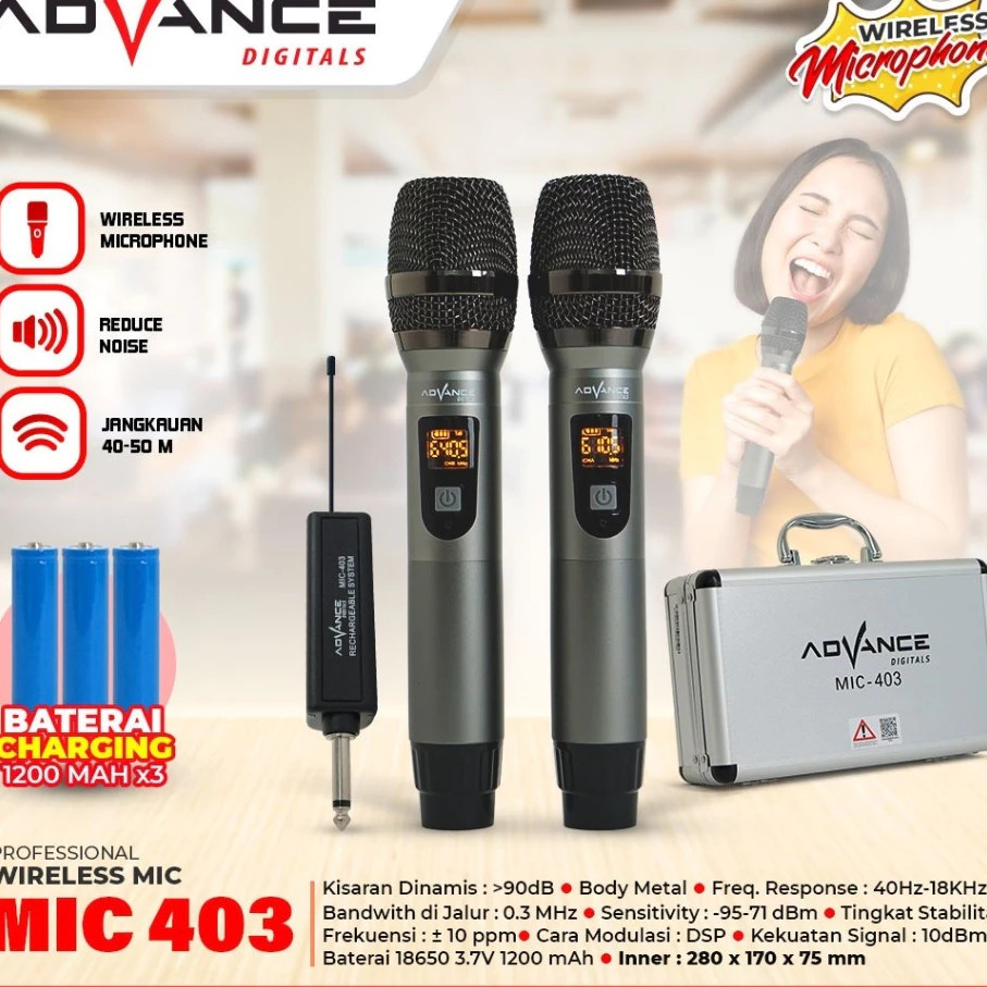 Mic Advance MIC-403 Mic Double UHF Box Mic Alumunium Recharger Mic Tanpa Kabel