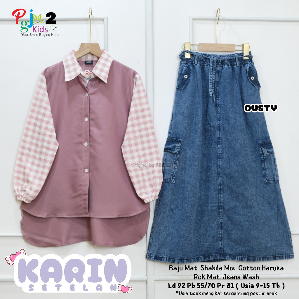 [BISA COD] KARIN SETELAN ROK JEANS REMAJA MOTIF KOTAK KOTAK USIA 9-15 TAHUN MATT ATASAN SHAKILA MIX 