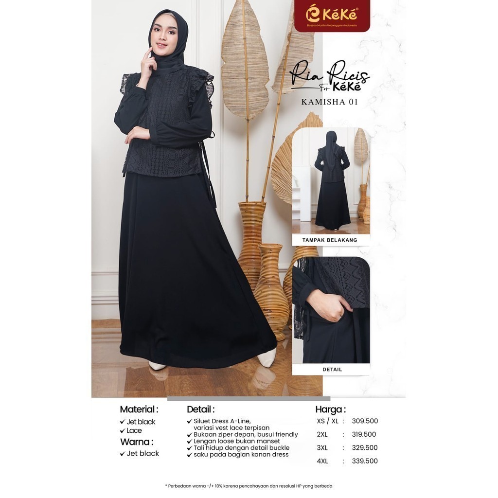 Keke Gamis Dewasa Hitam Polos Premium |Gamis Rompi | Gamis Vest Kekinian | Keke Kamisha 01