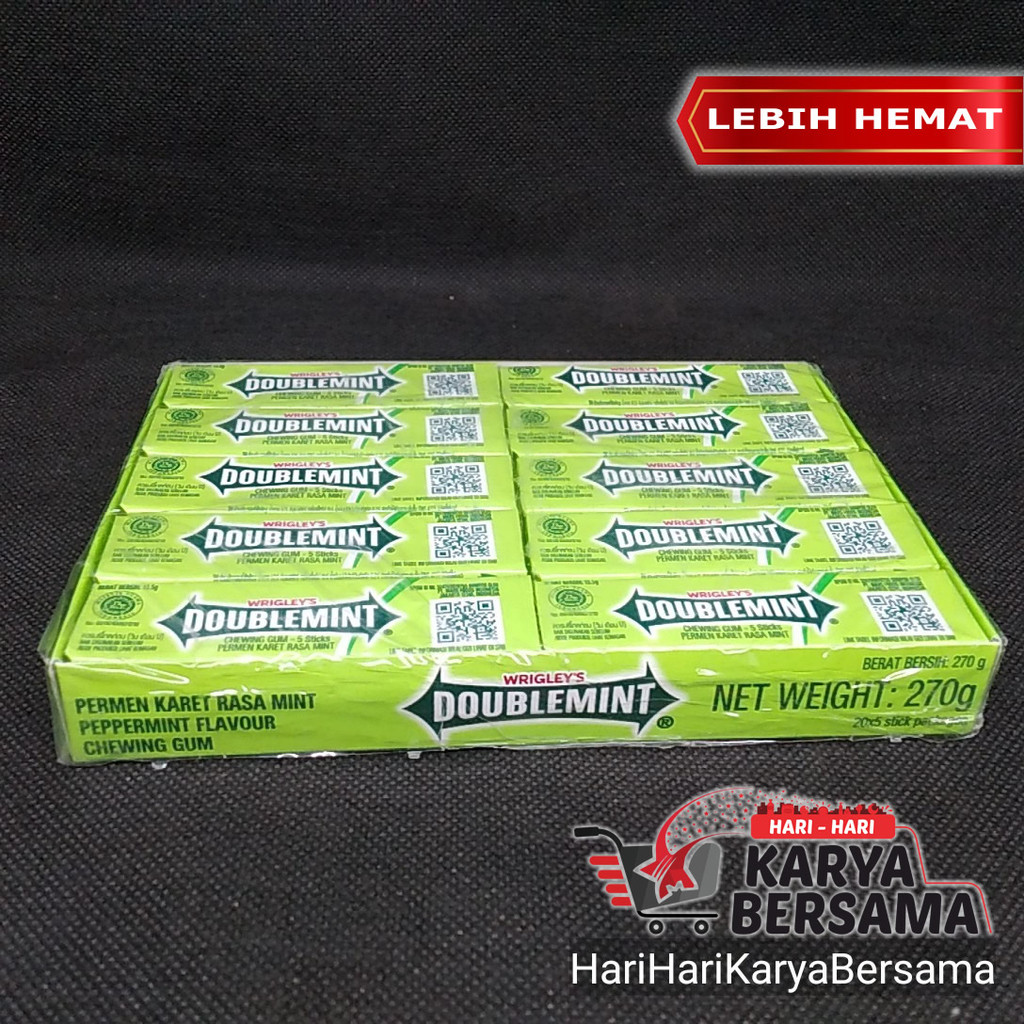 

MAKANAN RINGAN PERMEN KARET WRIGLEY'S DOUBLEMINT RASA MINT PACK ISI 20'S X 13.5GR