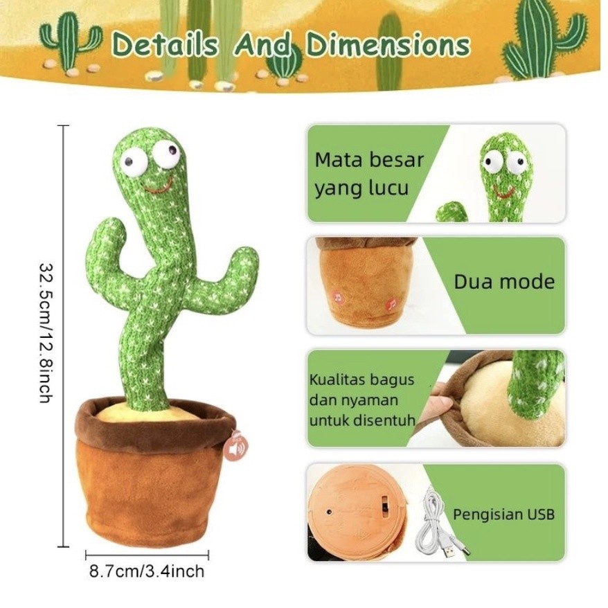 TUTU Mainan Anak Kaktus USB musik Bergoyang Dancing Dance Joget Menari Boneka Cactus Bicara Ngomong