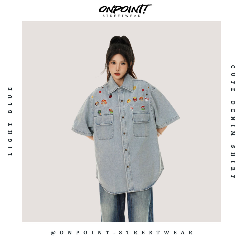 Cute denim shirt - kemeja denim pria kemeja jeans wanita oversize gaya korea sablon premium jumbo he